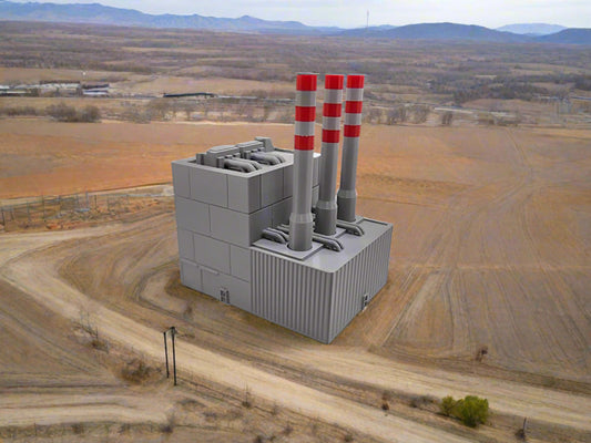 Model of a power plant with towers on a dirt lot