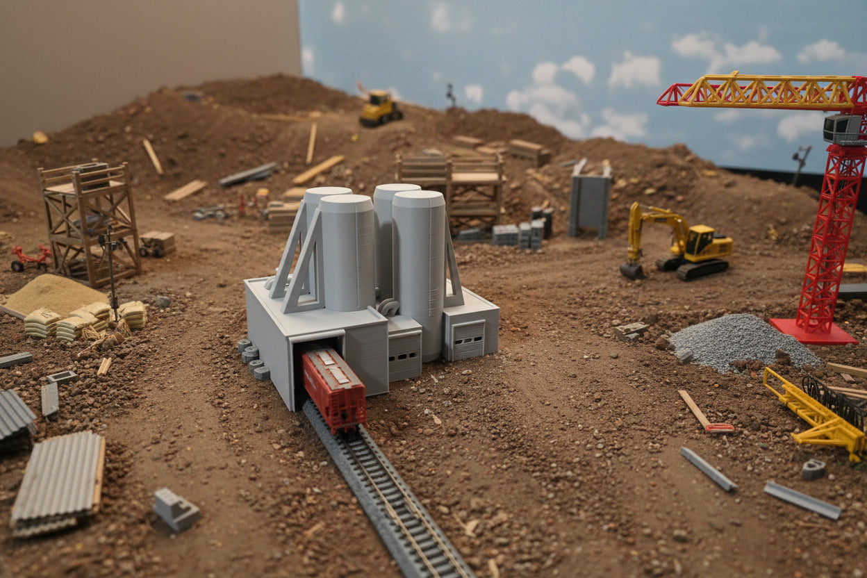 Model train set with a small building and tracks on a textured surface