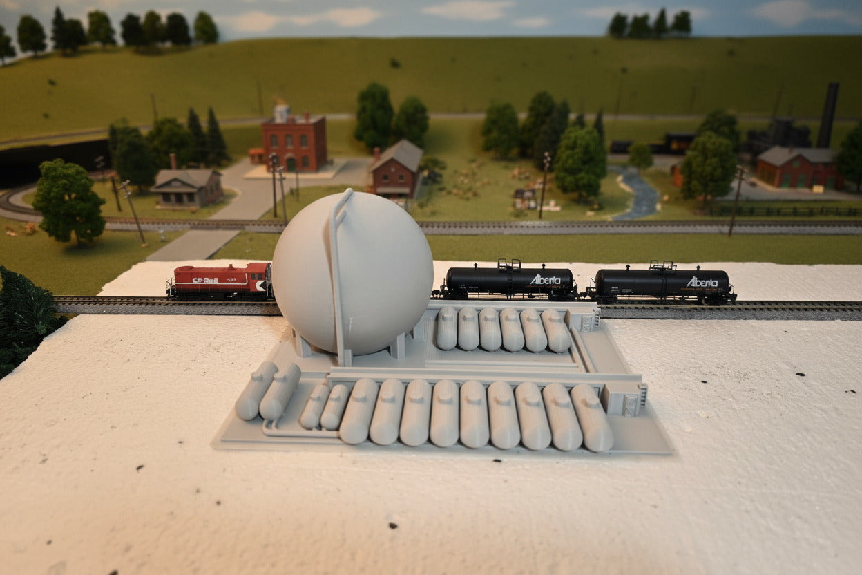 Model train set with a large round structure and two trains on a track.