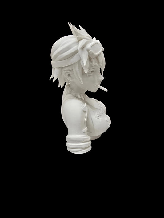A white unpainted 3D-printed anime character bust figurine, shown with a black and white display stand in front of decorative brown book spines.