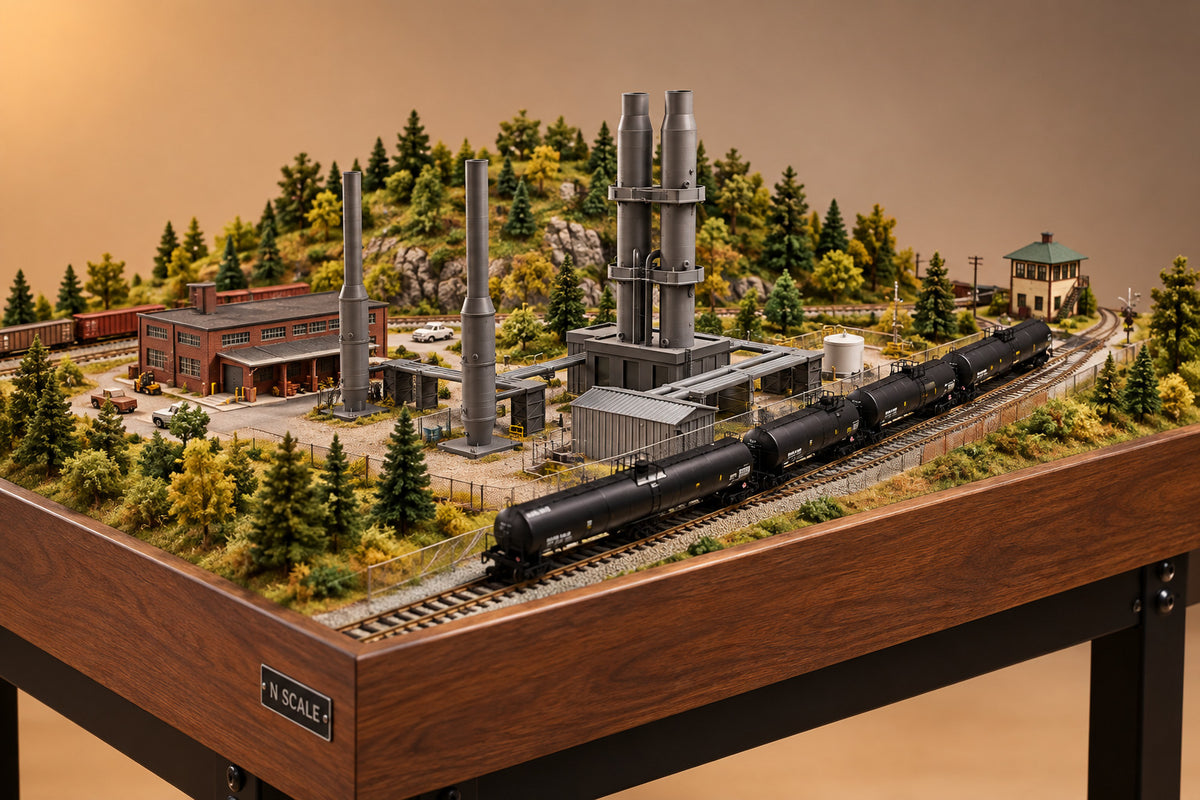 A miniature model train set featuring a black freight train on a track next to a gray industrial factory or power plant with tall smokestacks, displayed on a white textured foam background.
