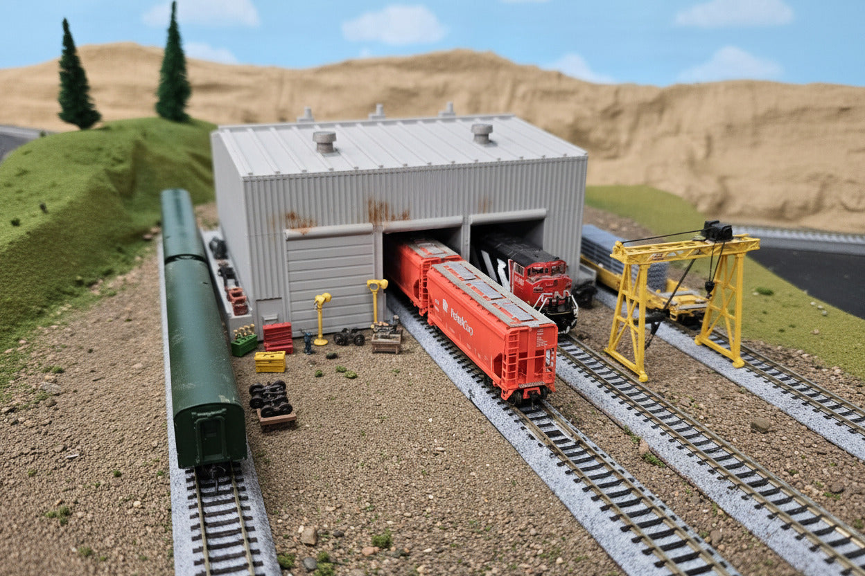 Model train set with a cargo train and station building on a track layout.
