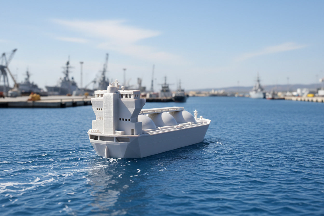 A model of a LNG Transport Ship on a model train layout