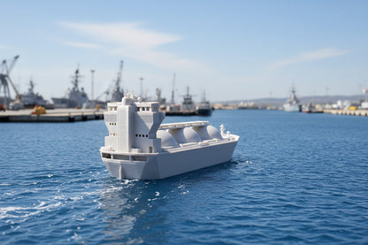 A model of a LNG Transport Ship on a model train layout