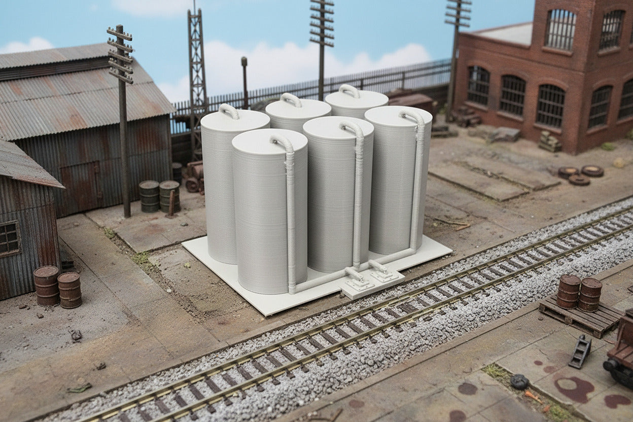 A model train storage terminal with multiple cylindrical tanks and detailed piping, set on a track with a backdrop of a desert landscape.