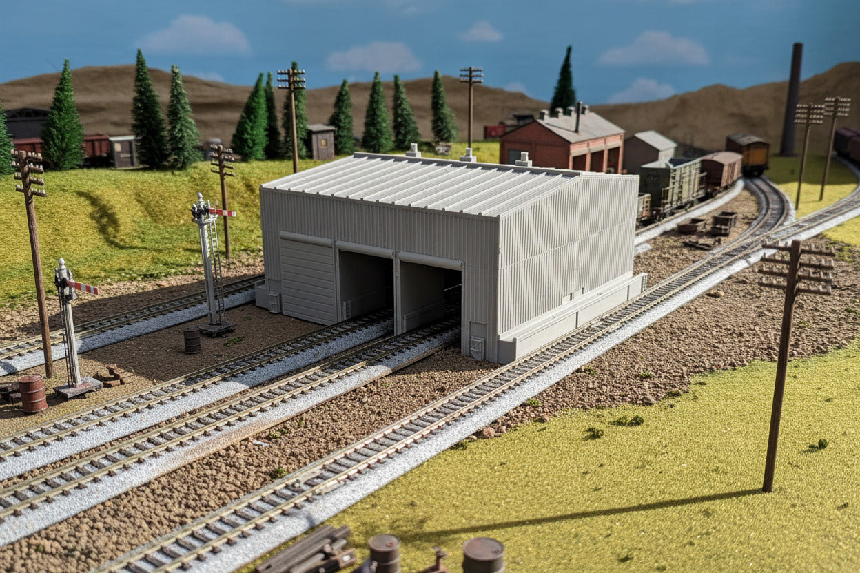 A model of a model on a train layout table.